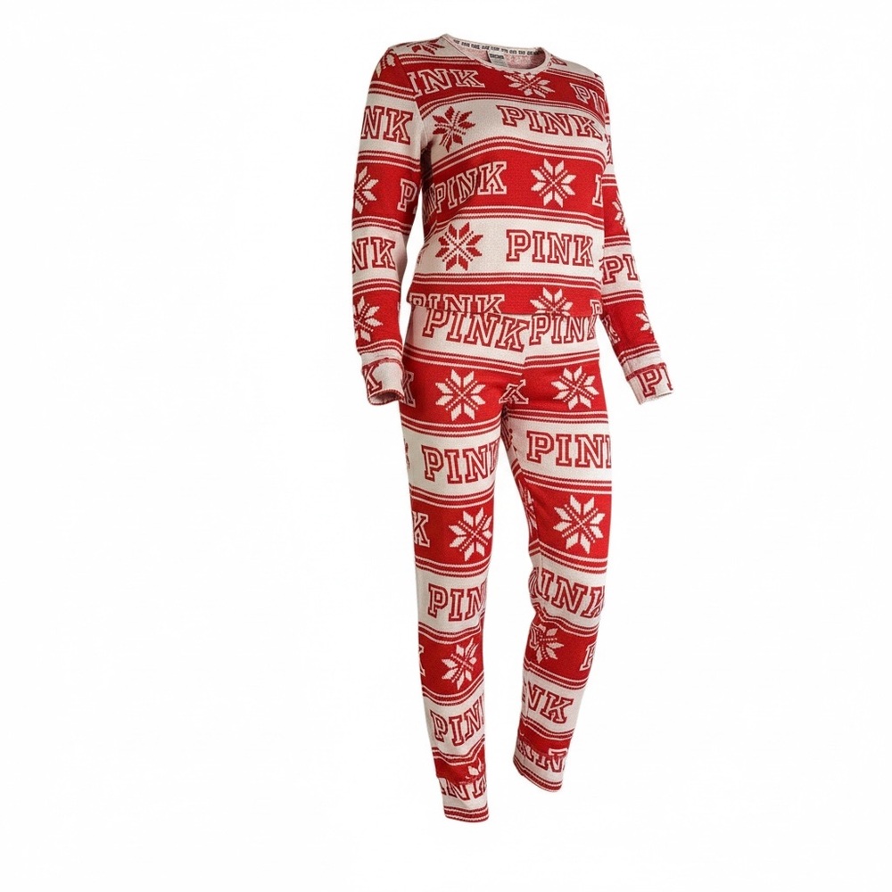 PINK Victorias Secret L Red Light Pink Fair Isle Thermal Pajamas R $79 Holiday - Picture 2 of 14